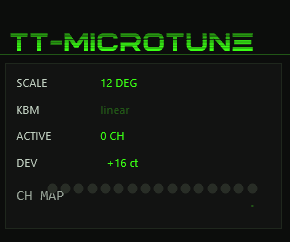 TT-MICROTUNE info column — SCALE 12 DEG, KBM linear, ACTIVE 0 CH, DEV +16 ct, CH MAP channel LEDs
