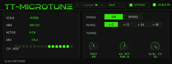 TT-MICROTUNE with a keyboard map loaded — KBM row reads ON (12), SCALE 19 DEG, ACTIVE 6 CH, DEV -74 ct, PB RNG +-2