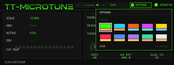 TT-MICROTUNE front with the OPTIONS box open: ten colour schemes, the factory scheme ACID is marked