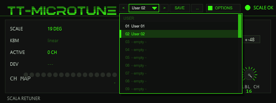 TT-MICROTUNE with the preset bar in the header (previous, name with drop-down, next, SAVE, menu) left of OPTIONS and the open list of user slots