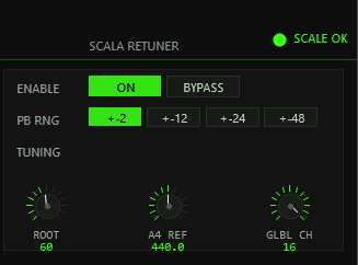 TT-MICROTUNE tuning controls — ENABLE/BYPASS, PB RNG buttons +-2/+-12/+-24/+-48, TUNING knobs ROOT/A4 REF/GLBL CH
