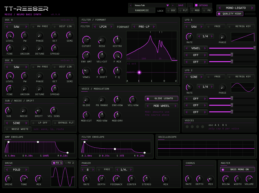 TT-REESER front panel — oscillators A and B, filter and formant section with frequency response and vowel pad, two LFOs, envelopes, oscilloscope and effects row