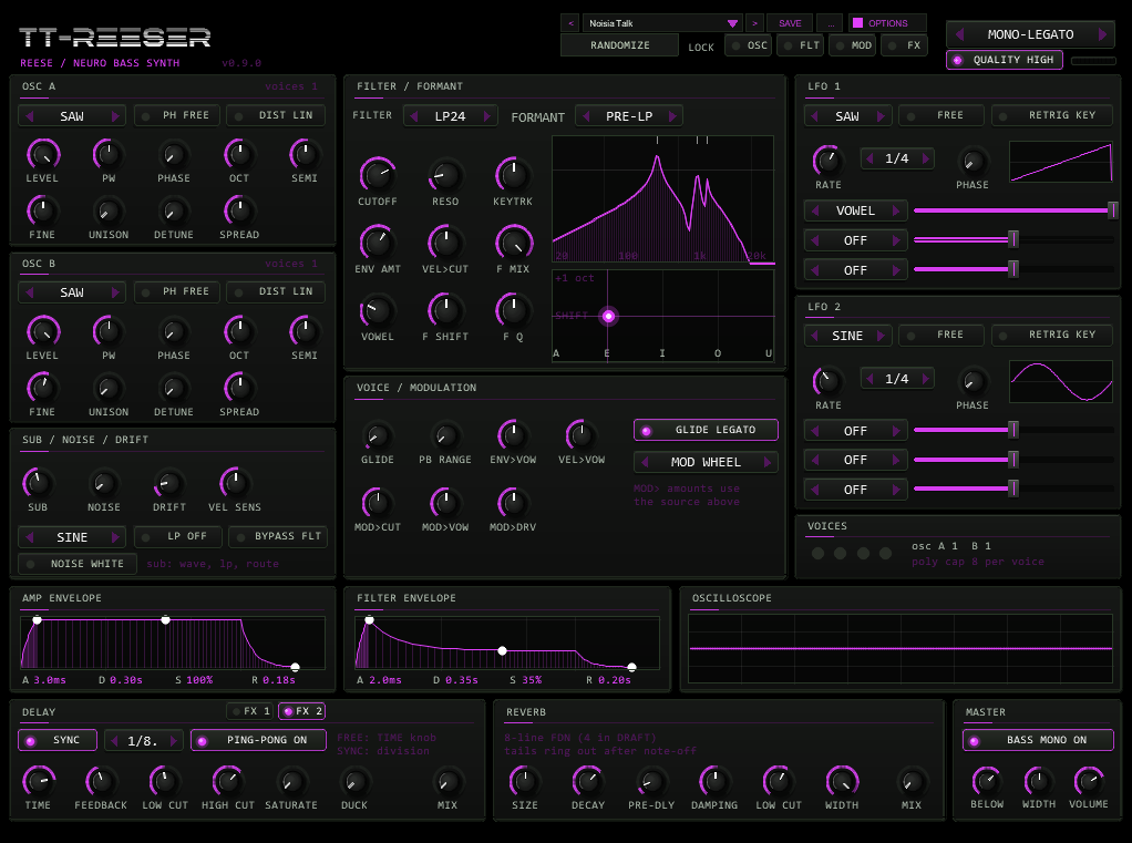 TT-REESER effects page FX 2: delay with sync, ping-pong, time, feedback, low cut, high cut, saturation, duck and mix; reverb with size, decay, pre-delay, damping, low cut, width and mix