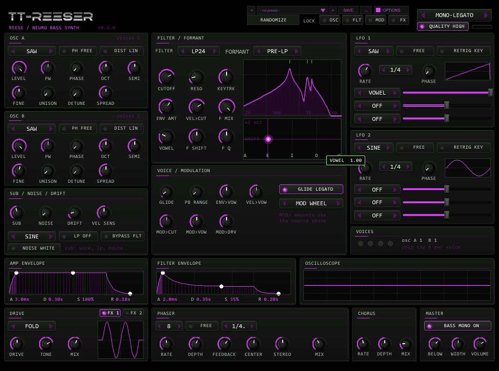 TT-REESER while editing: the vowel pad dragged with tooltip, cutoff raised, the preset bar with a changed-state star
