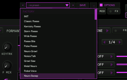 Header of TT-REESER with the preset bar: previous, preset name with drop-down, next, SAVE and a menu button, left of the OPTIONS button, and the open preset list with FACTORY and USER sections