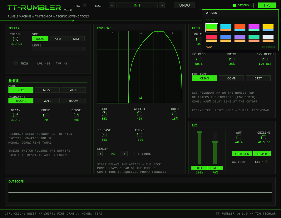 TT-RUMBLER with the OPTIONS box open: ten colour swatches, the factory scheme ACID is marked