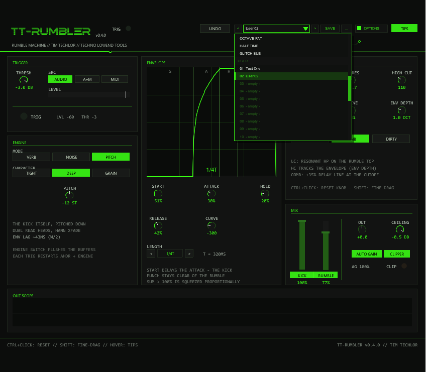 TT-RUMBLER with the preset bar dropdown open: FACTORY and USER sections, two user presets saved