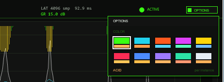 TT-SPECTRAL header with the OPTIONS box open: ten colour swatches, the factory scheme ACID is marked