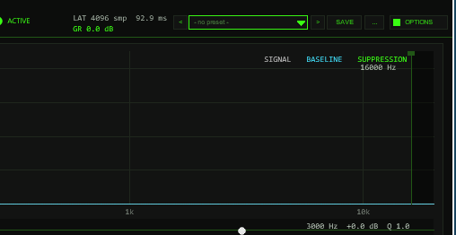 Header of TT-SPECTRAL with the preset bar left of the OPTIONS button and the open preset list with the FACTORY section (six factory presets) and the USER section