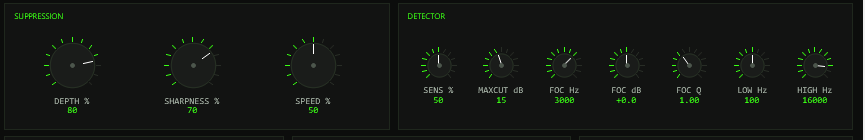 TT-SPECTRAL SUPPRESSION panel (DEPTH, SHARPNESS, SPEED) and DETECTOR panel (SENS, MAXCUT, FOC Hz, FOC dB, FOC Q, LOW, HIGH)