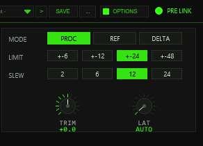 TT-TRUEAB control panel — MODE buttons PROC/REF/DELTA, LIMIT buttons, SLEW buttons, TRIM and LAT knobs