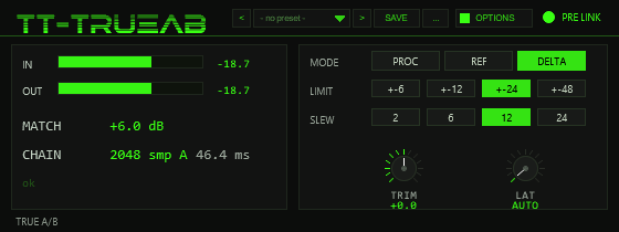 TT-TRUEAB in DELTA mode — DELTA button lit, matched IN/OUT meters, CHAIN 2048 smp