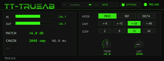TT-TRUEAB with manual latency — LAT knob reads 2048, CHAIN shows 2048 smp without the auto flag