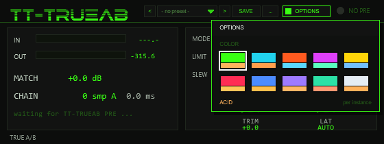 TT-TRUEAB POST front with the OPTIONS box open: ten colour schemes, the factory scheme ACID is marked