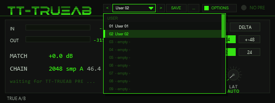 TT-TRUEAB POST with the preset bar in the header (previous, name with drop-down, next, SAVE, menu) left of OPTIONS and the open list of user slots